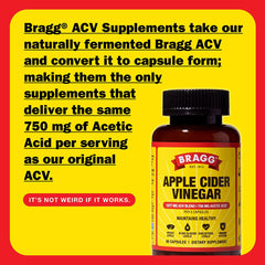Bragg ACV Capsules bottle side shows dosage details for easy daily use.
