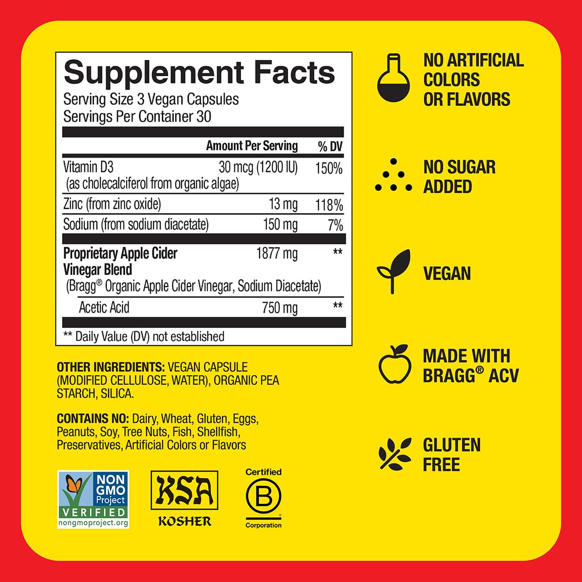 Bragg ACV capsules daily dose of three capsules with meals.