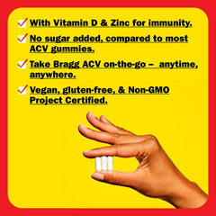 Bragg Apple Cider Vinegar Capsules dosage scene shows three capsules per serving.