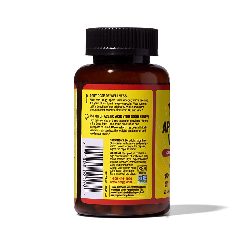 Bragg Apple Cider Vinegar Capsules on kitchen counter for routine choices.