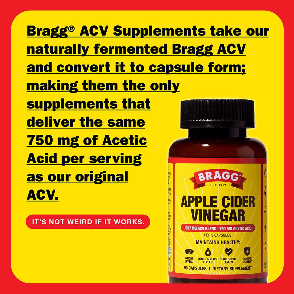 Bragg Apple Cider Vinegar Capsules pack closeup highlights immune-support nutrients.