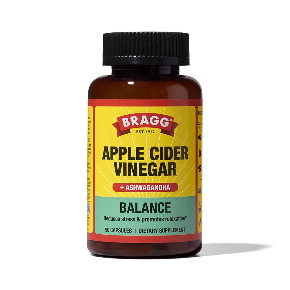 Bragg Daily Balance bottle front with capsules for convenient daily ACV intake.