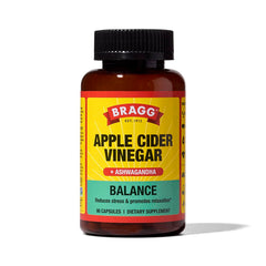 Bragg Daily Balance bottle front with capsules for convenient daily ACV intake.