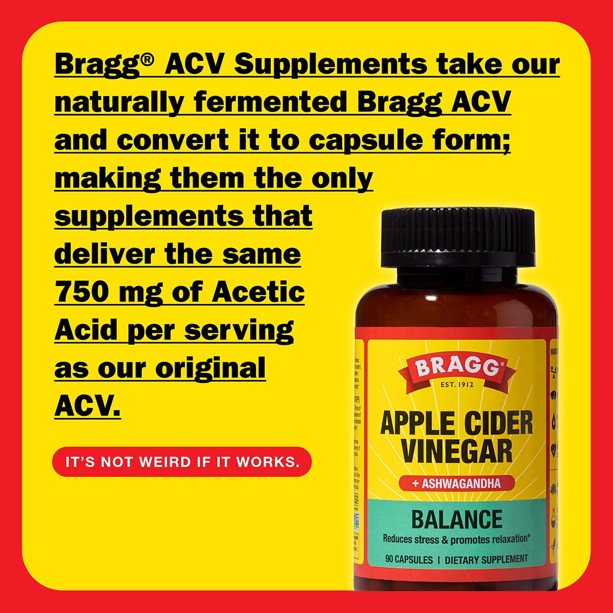 Bragg Daily Balance capsules close-up emphasizing ACV blend and ashwagandha.