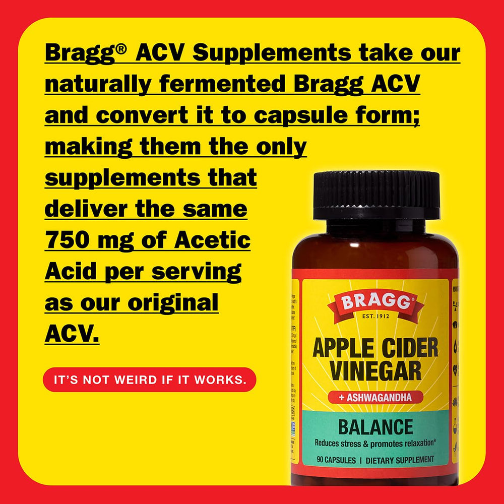 Bragg Daily Balance capsules close-up emphasizing ACV blend and ashwagandha.