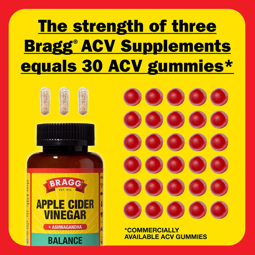 Bragg Daily Balance dosage card showing three capsules per daily serving.