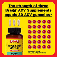 Bragg Daily Balance dosage card showing three capsules per daily serving.