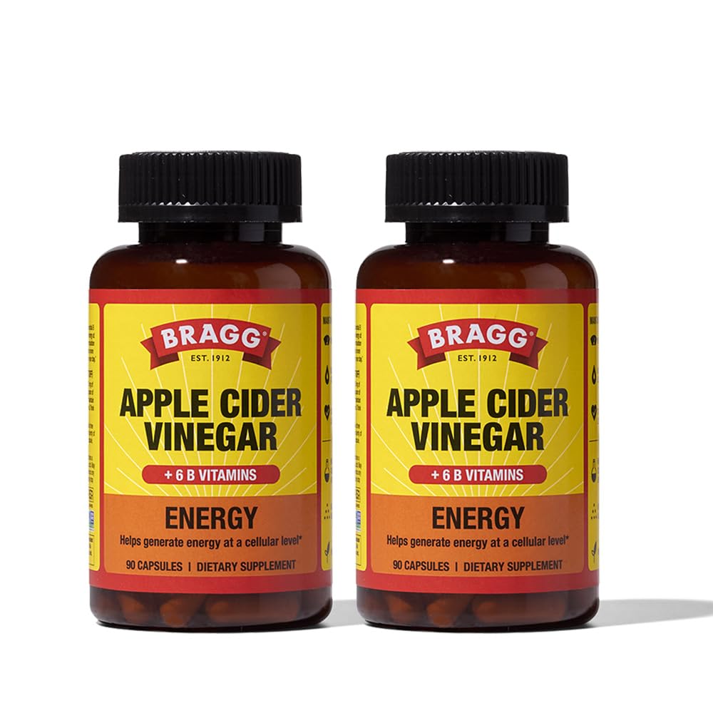 Bragg Energy ACV capsules bottle showing a three-capsule daily serving for energy.