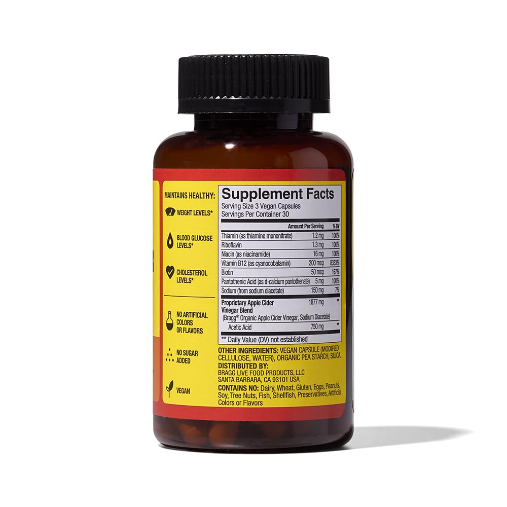Three Bragg Energy ACV capsules shown as the daily dose option with meals.