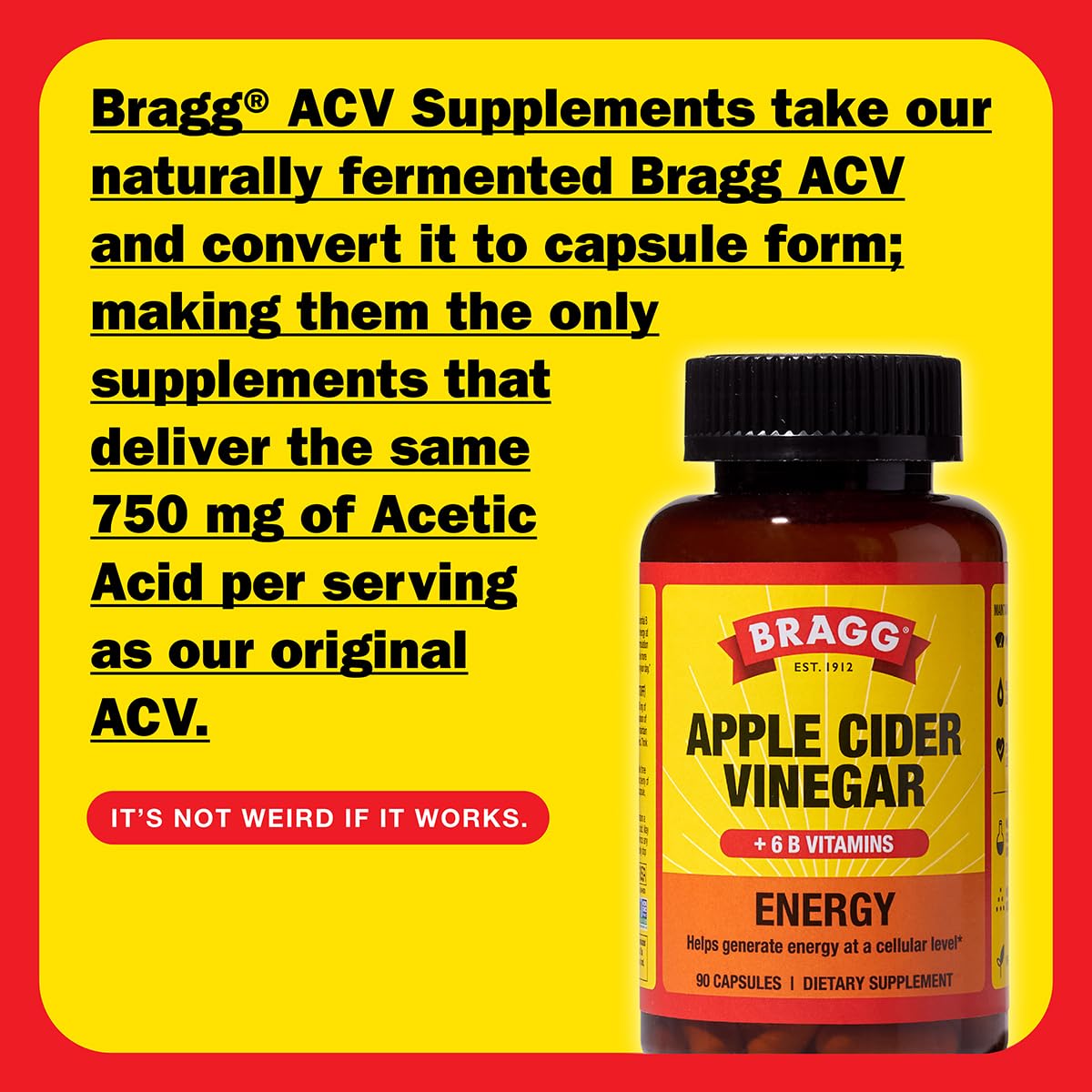 Bragg Energy ACV capsules daily-serving display highlights convenient, sugar-free energy support.