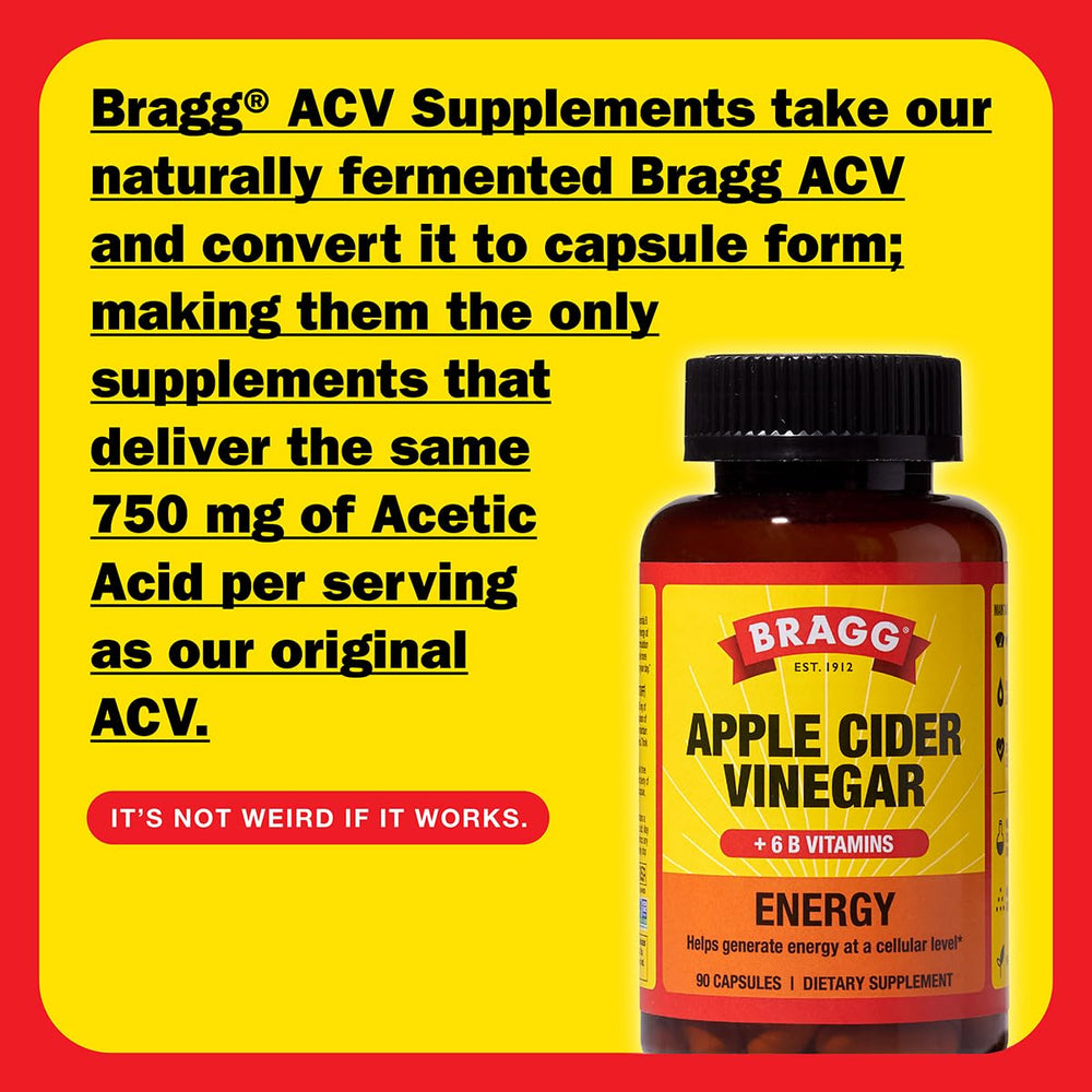 Bragg Energy ACV capsules daily-serving display highlights convenient, sugar-free energy support.