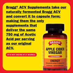 Bragg Energy ACV capsules daily-serving display highlights convenient, sugar-free energy support.