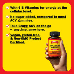 Close-up of the Bragg Energy ACV capsule label emphasizing vegan and gluten-free.