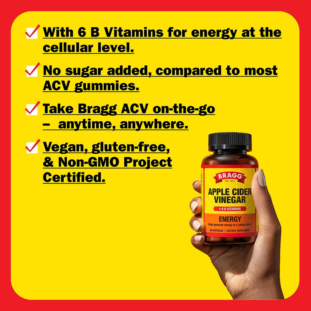 Bragg Energy ACV capsules label featuring ingredients and vegan, gluten-free claims.