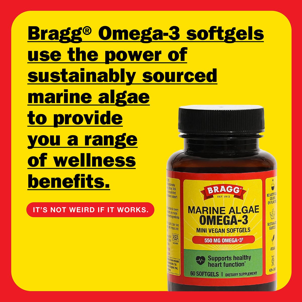 Bragg Omega-3 softgels packaging highlighting vegan, non-GMO, and gluten-free features