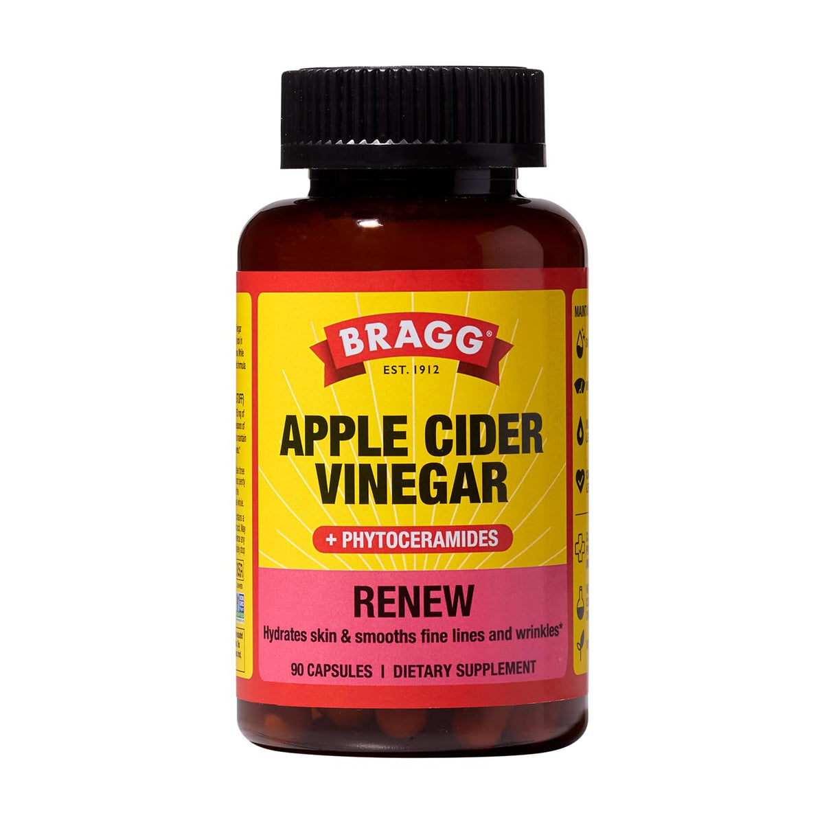 Bragg Renew cápsulas de vinagre de sidra en botella para hidratación suave.