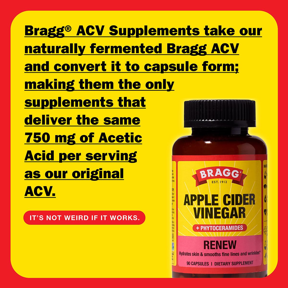 Bragg Renew capsules close-up showing ACV blend and phytoceramides for skin hydration.