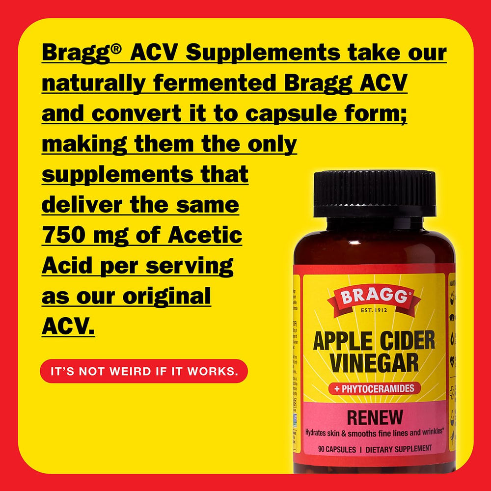 Bragg Renew capsules close-up showing ACV blend and phytoceramides for skin hydration.