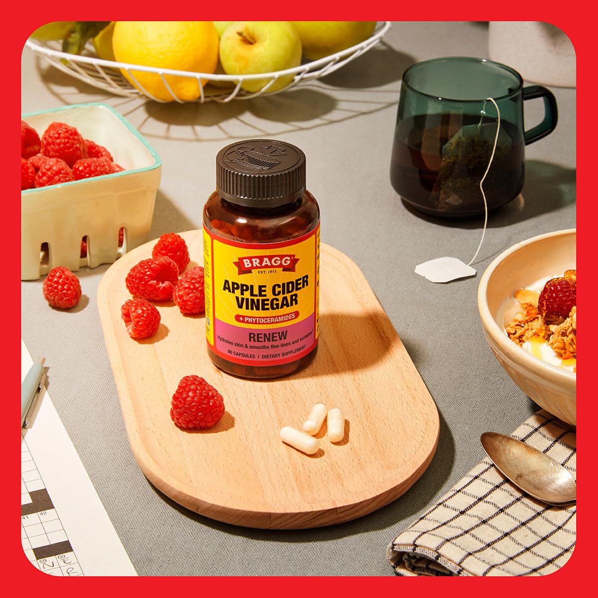 Bragg Renew daily-dose illustration shows three capsules with meals.