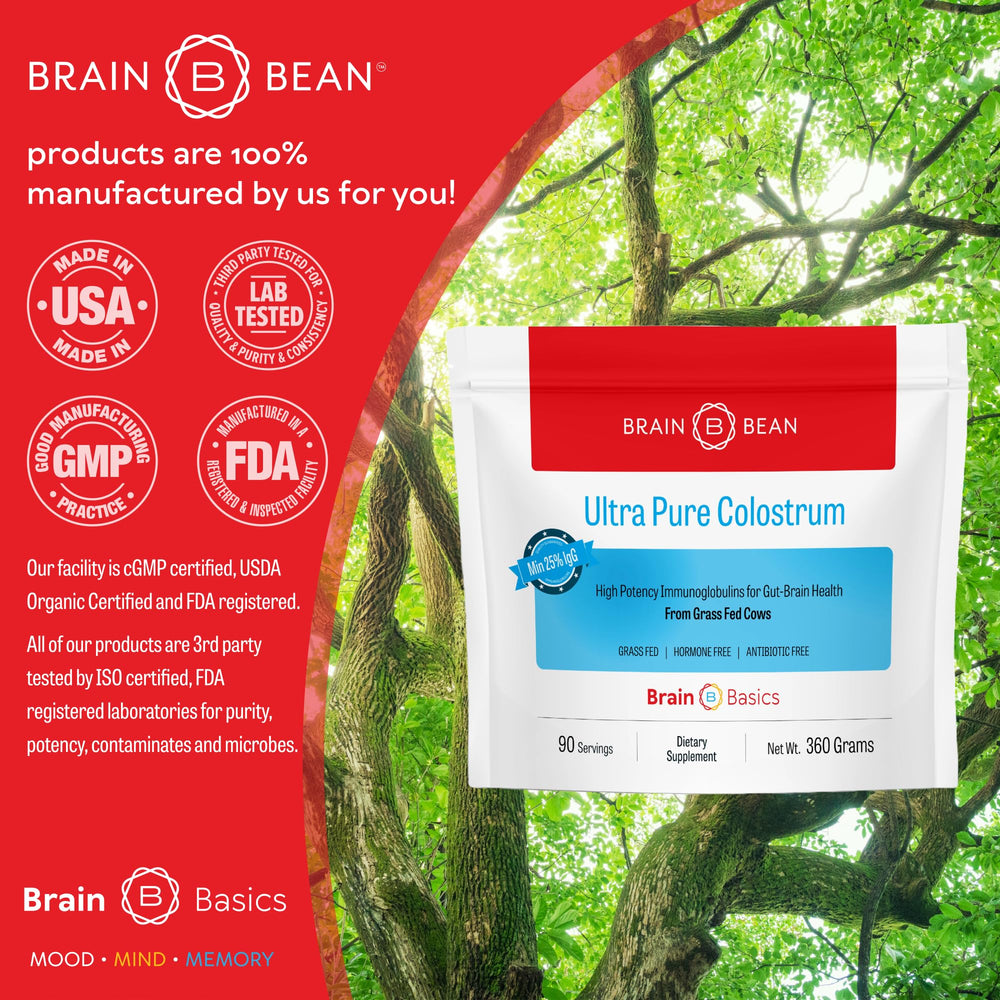 Brain Bean container with serving guidance for gut-brain balance.