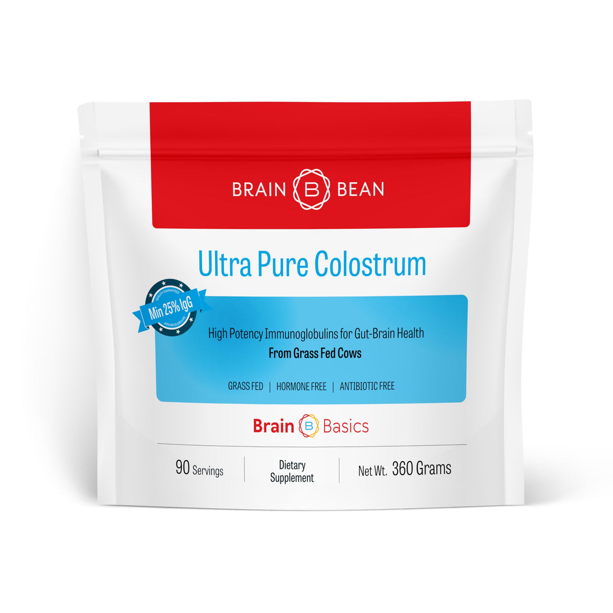 Brain Bean Ultra-Pure Colostrum bottle highlighting premium quality.