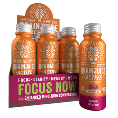 Close-up of BrainJuice Active shot label highlighting a clean energy formula.