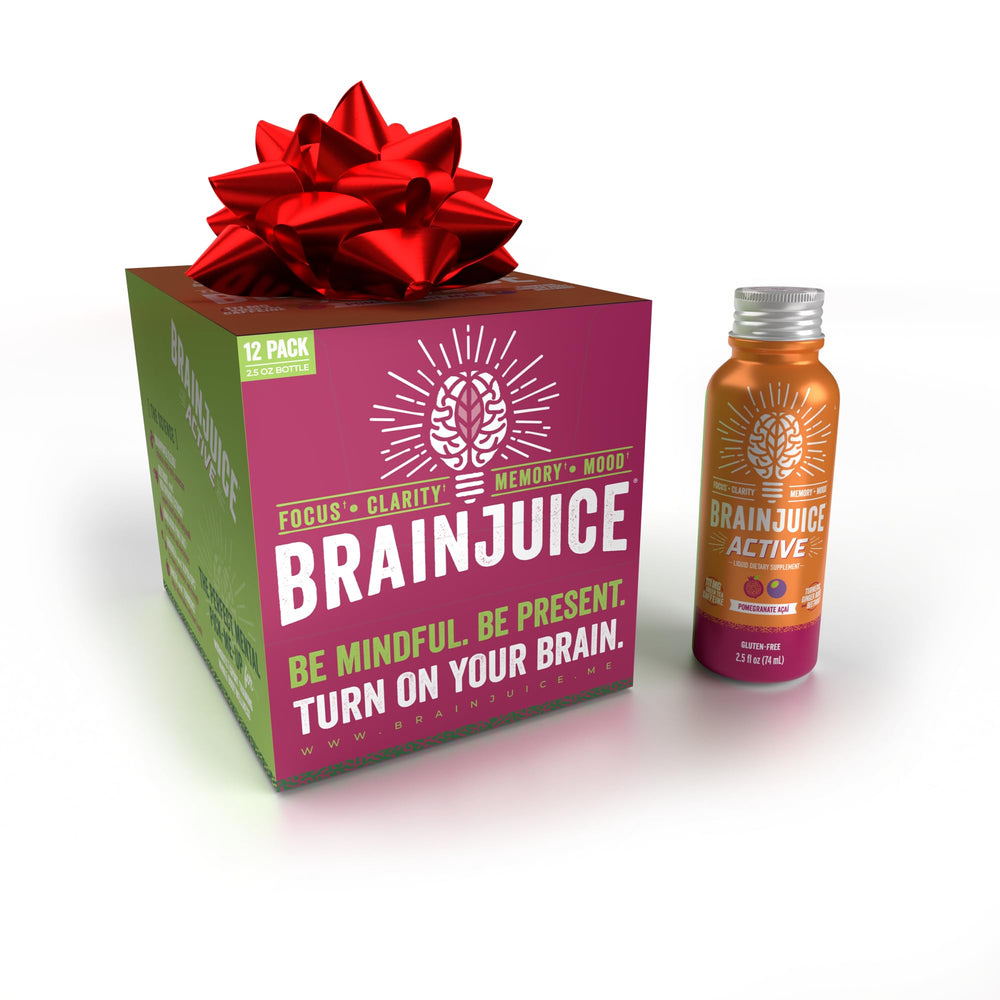 BrainJuice Active shot bottle with pomegranate-acai flavor for a quick focus boost.