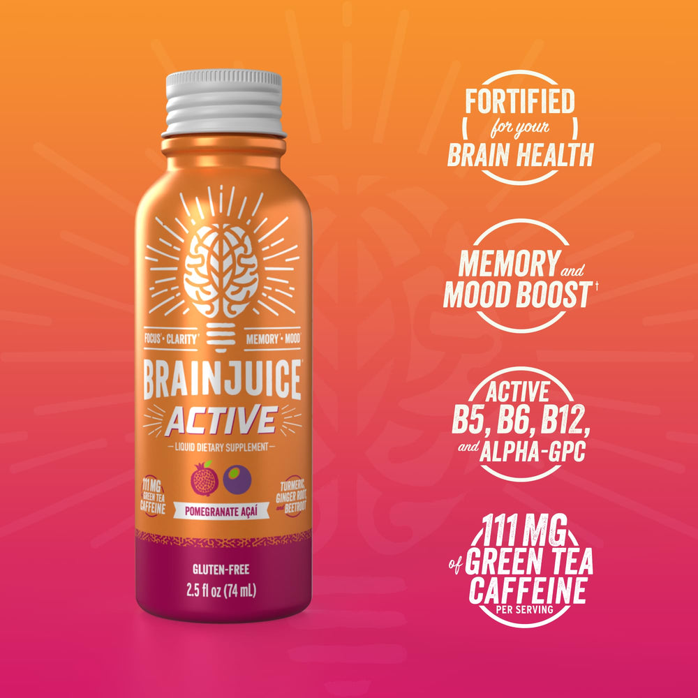 Pouring BrainJuice Active shot into a glass for quick energy before training.