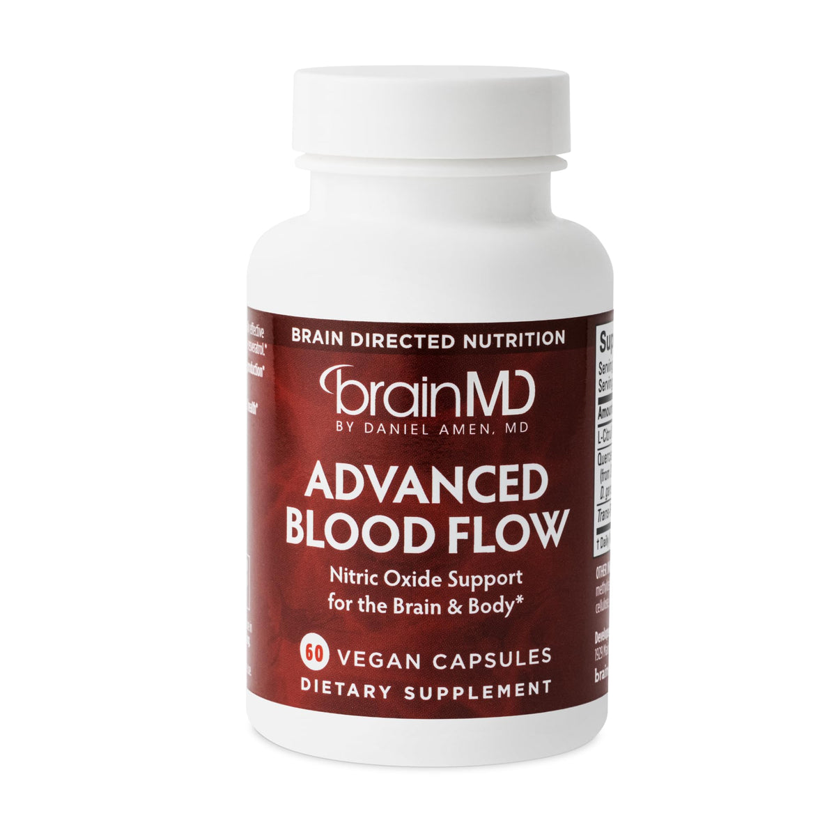 BrainMD Advanced Blood Flow bottle front view highlighting nitric oxide support for brain and body