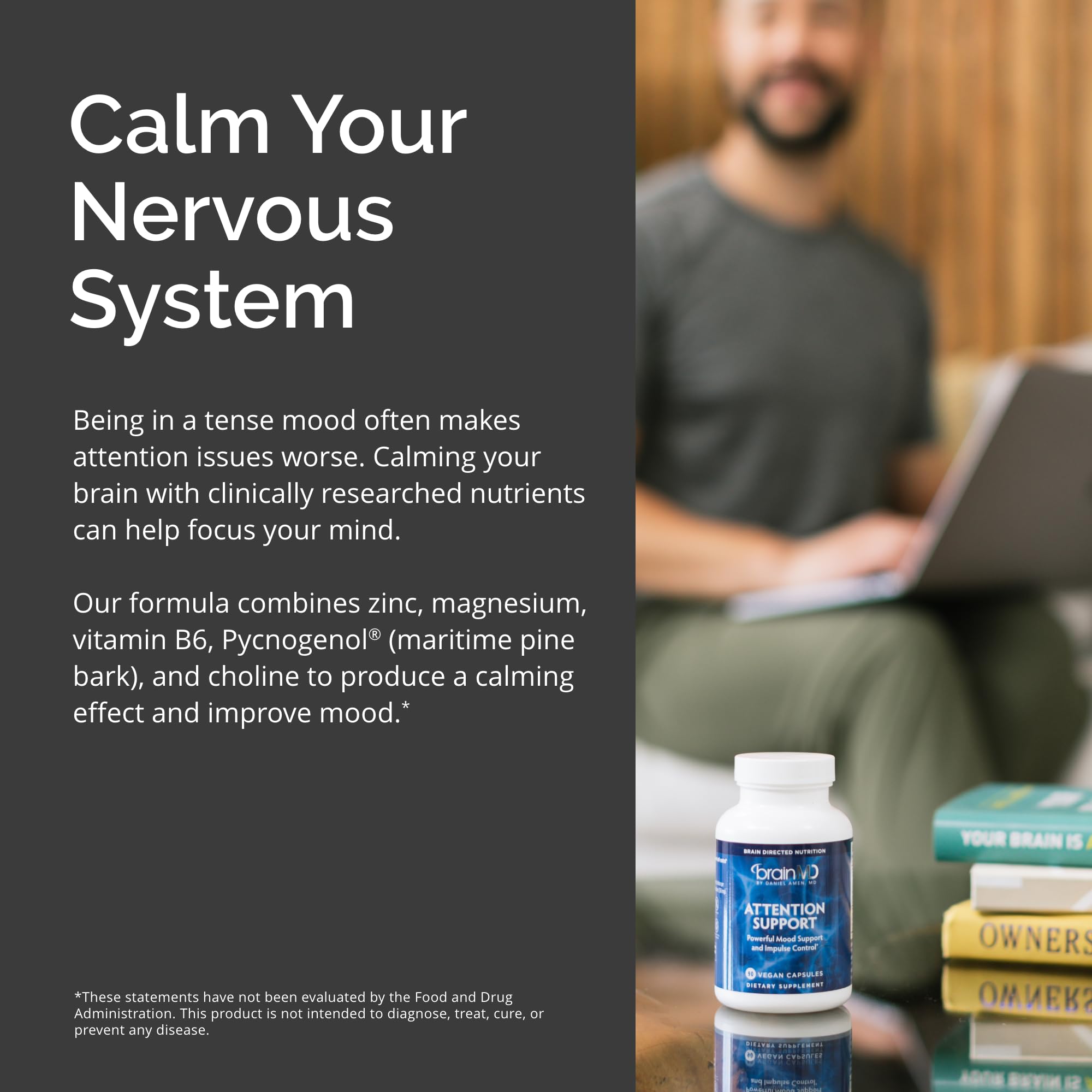 Lifestyle scene shows a user preparing to take capsules during study