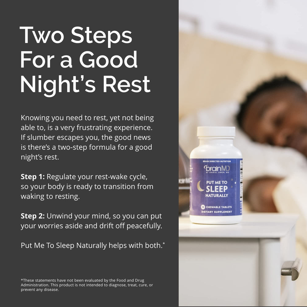 BrainMD Put Me To Sleep Naturally on a bedside table illustrating a calming nighttime routine.