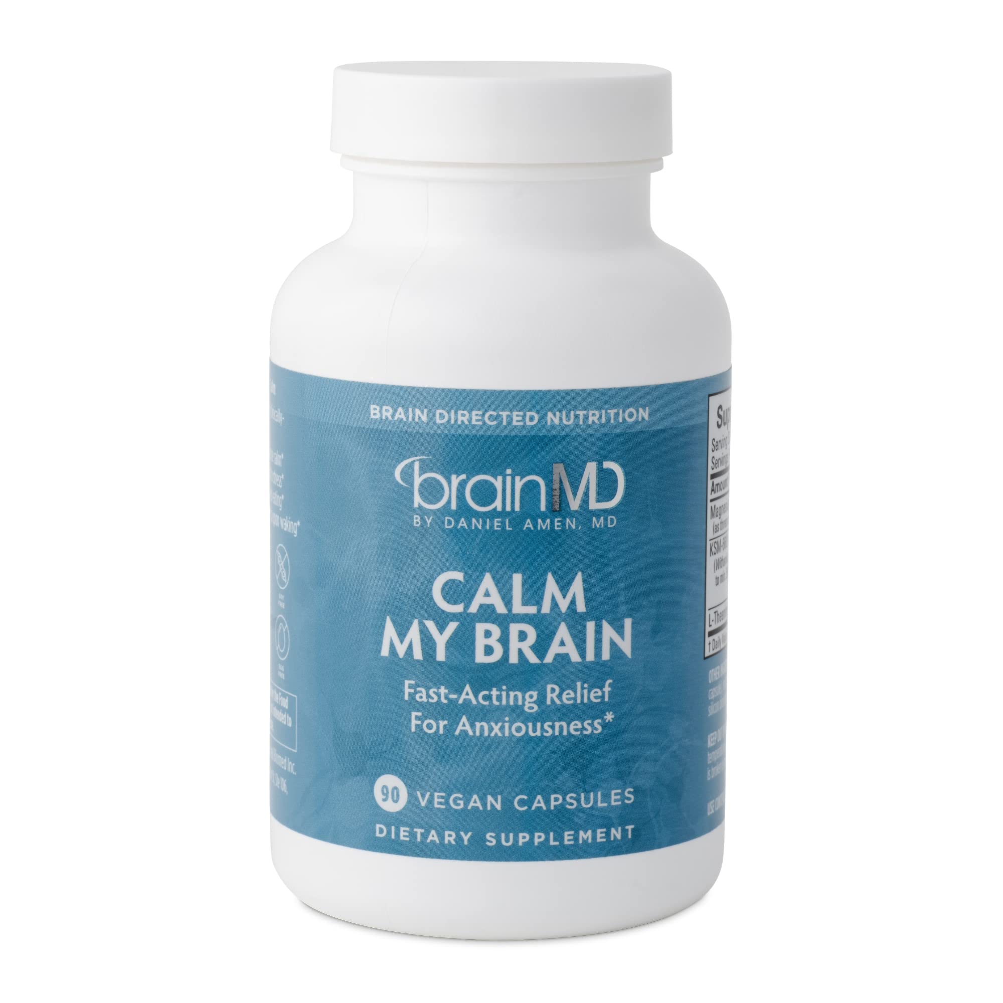 BrainMD Calm My Brain bottle front view showing the stand out label and design for quick calm support