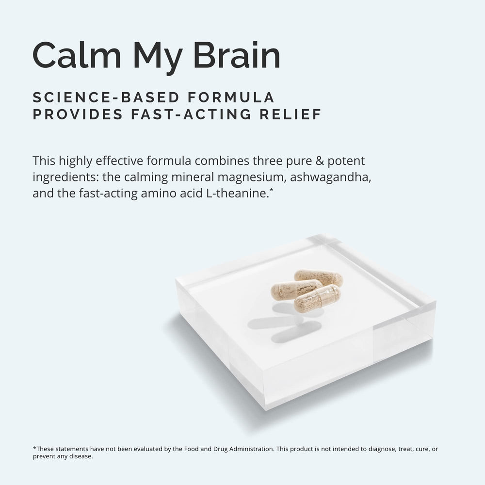 BrainMD Calm My Brain capsules closeup emphasizing vegan capsules and clean formula