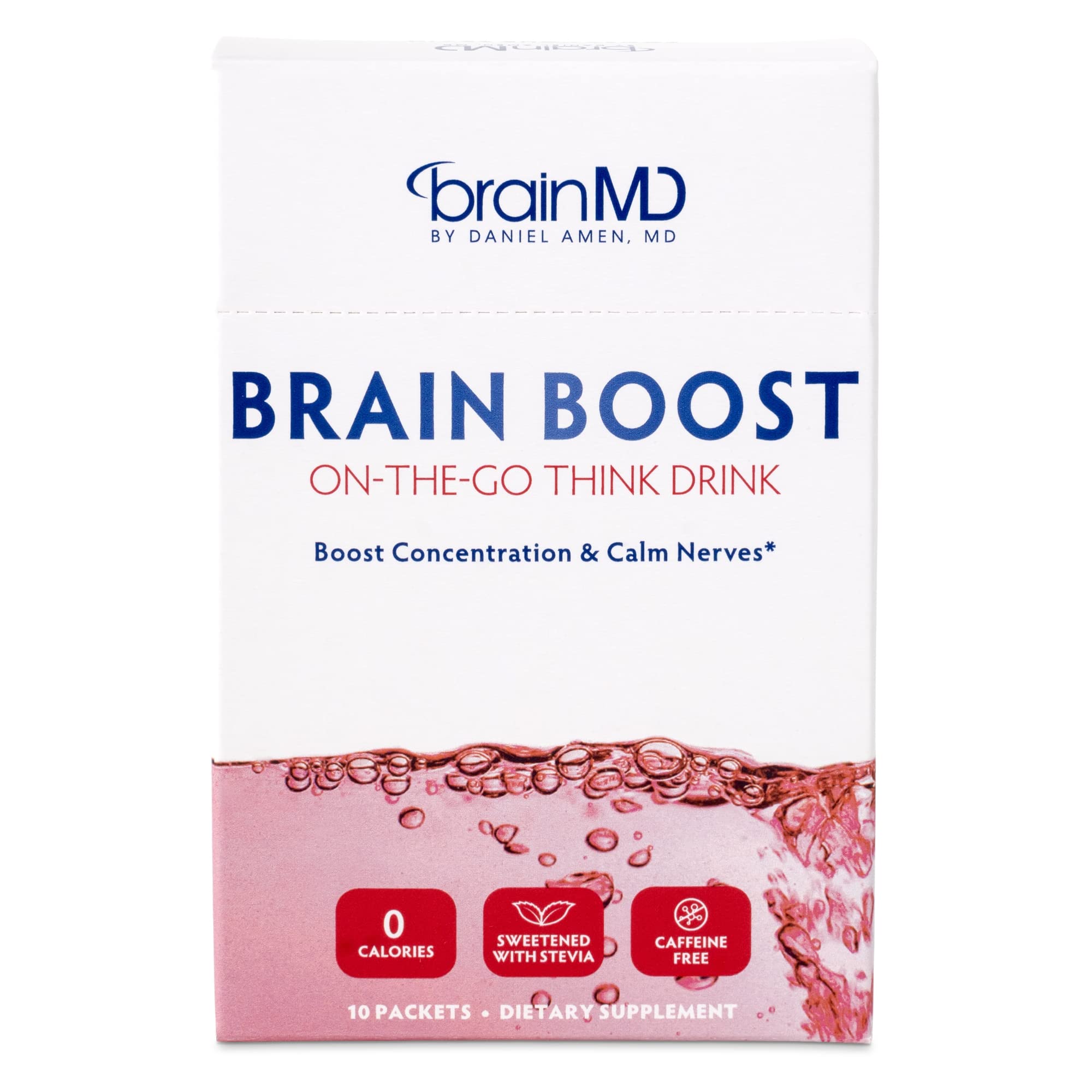 BrainMD Dr Amen Brain Boost on the Go berry packets ready for travel and focus.