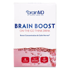 BrainMD Dr Amen Brain Boost on the Go berry packets ready for travel and focus.