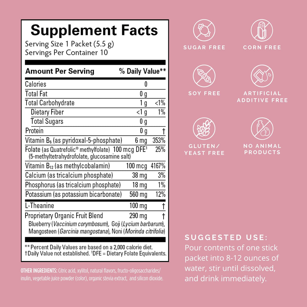 BrainMD Dr Amen on-the-go berry packet opened showing powder for quick clarity.