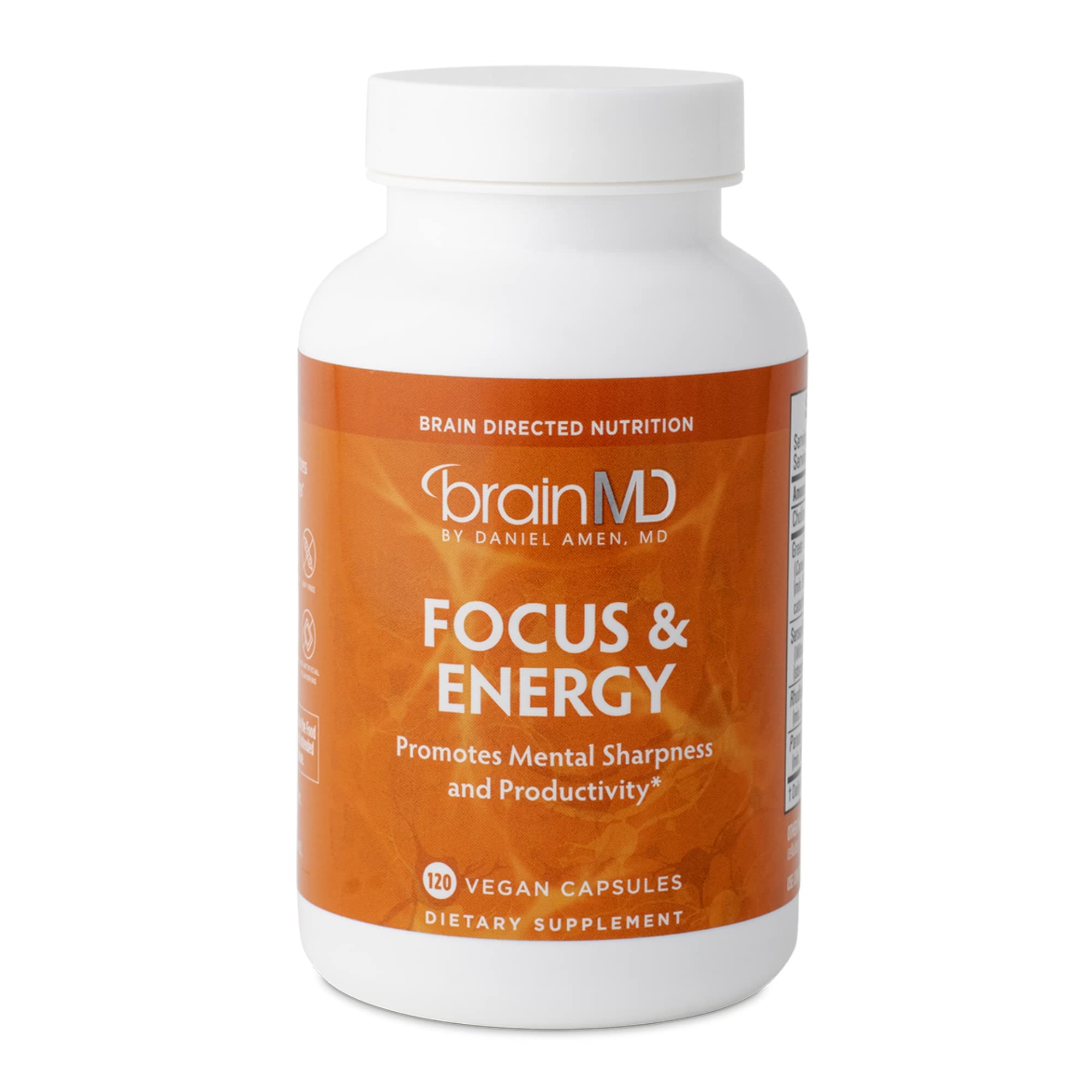 BrainMD Dr Amen Focus Energy bottle front highlights caffeine-free formula for mental stamina