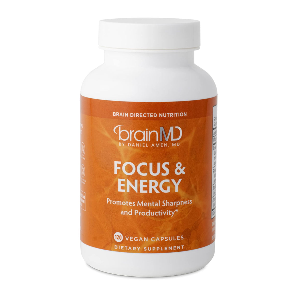 BrainMD Dr Amen Focus Energy bottle front highlights caffeine-free formula for mental stamina