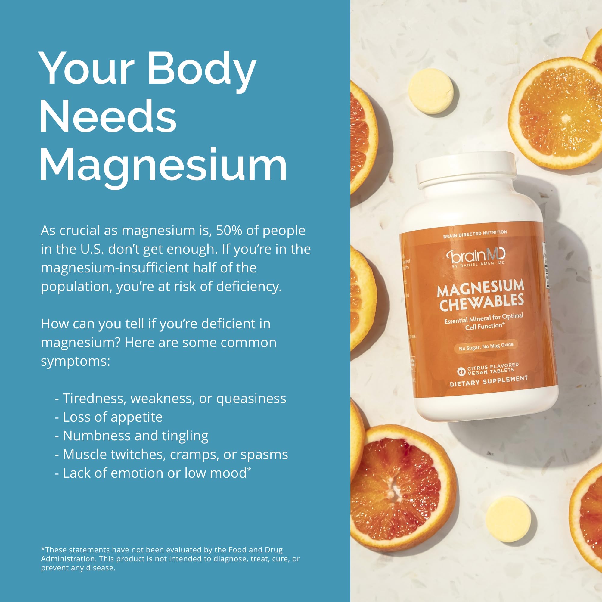 BrainMD Dr Amen Magnesium Chewables Citrus box illustrating gluten-free option and citrus taste
