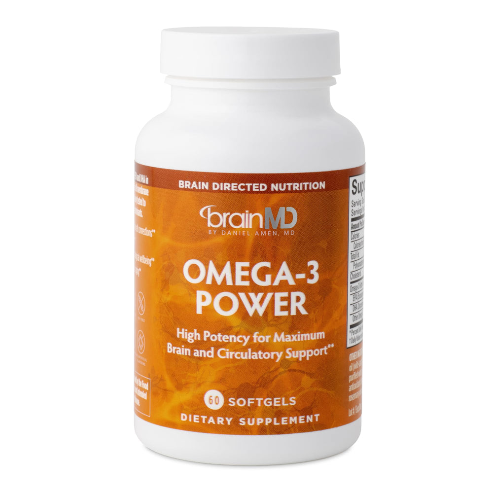 BrainMD Dr Amen Omega-3 Power bottle with capsules for brain and immune support.