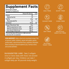 Close-up of BrainMD Omega-3 Power capsules highlighting DHA and EPA benefits for cognition.