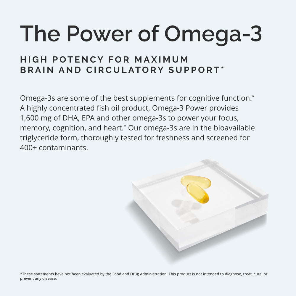BrainMD Omega-3 Power ingredients label reveals high-potency DHA and EPA.