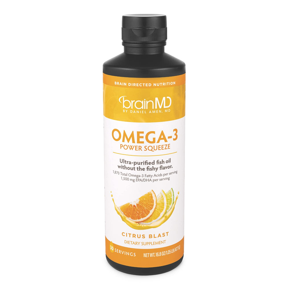BrainMD Dr Amen Omega-3 Power Squeeze Citrus Blast bottle shows citrus flavored formula for easy daily use