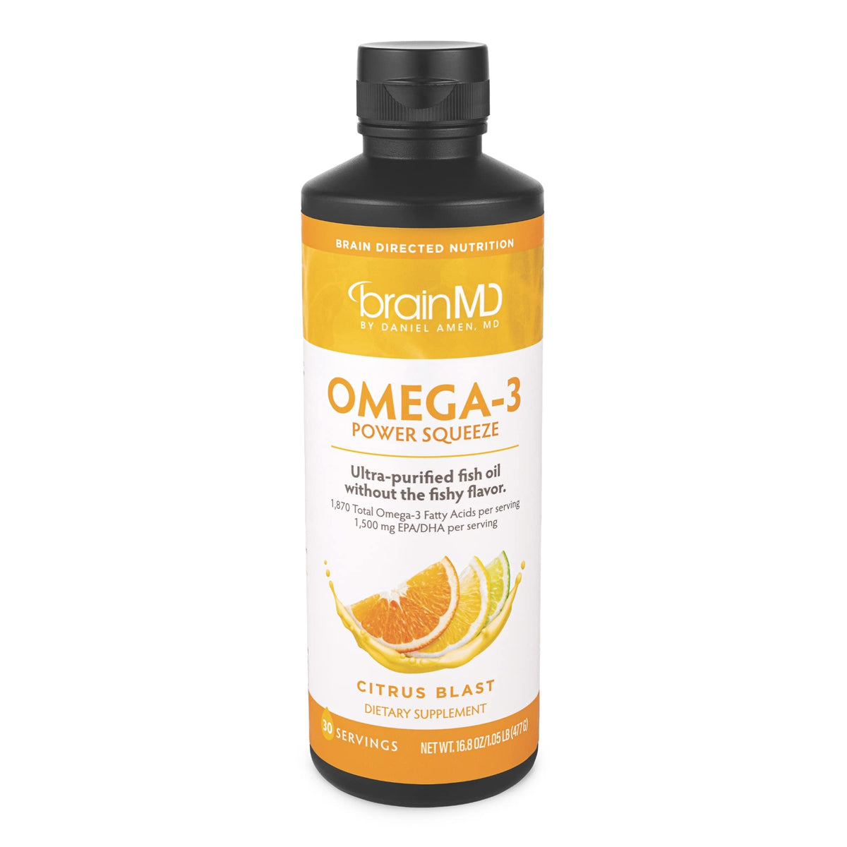 BrainMD Dr Amen Omega-3 Power Squeeze Citrus Blast bottle shows citrus flavored formula for easy daily use
