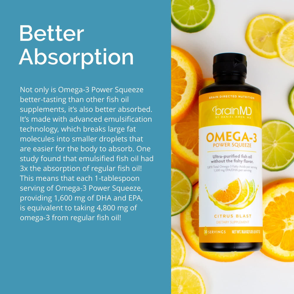 BrainMD Omega-3 Power Squeeze ingredients panel close-up emphasizing purity and standards