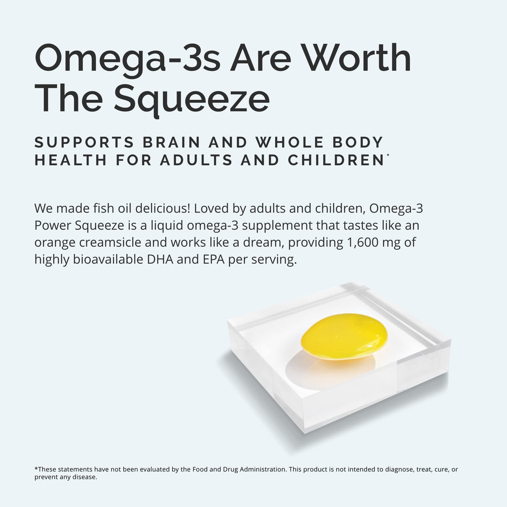 BrainMD Omega-3 Power Squeeze pour demonstrates convenient consumption without capsules