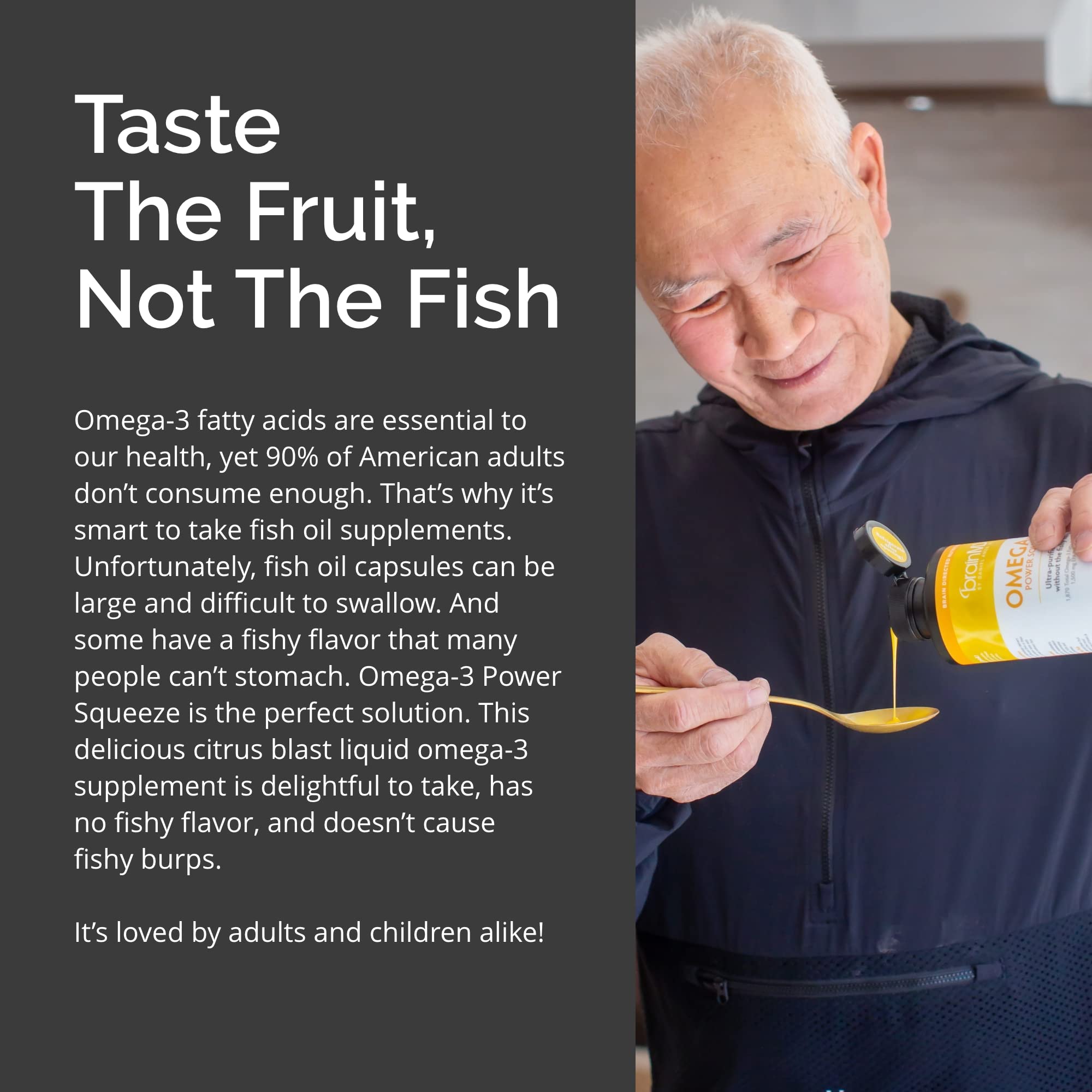 BrainMD Omega-3 Power Squeeze serving image illustrating daily dose convenience