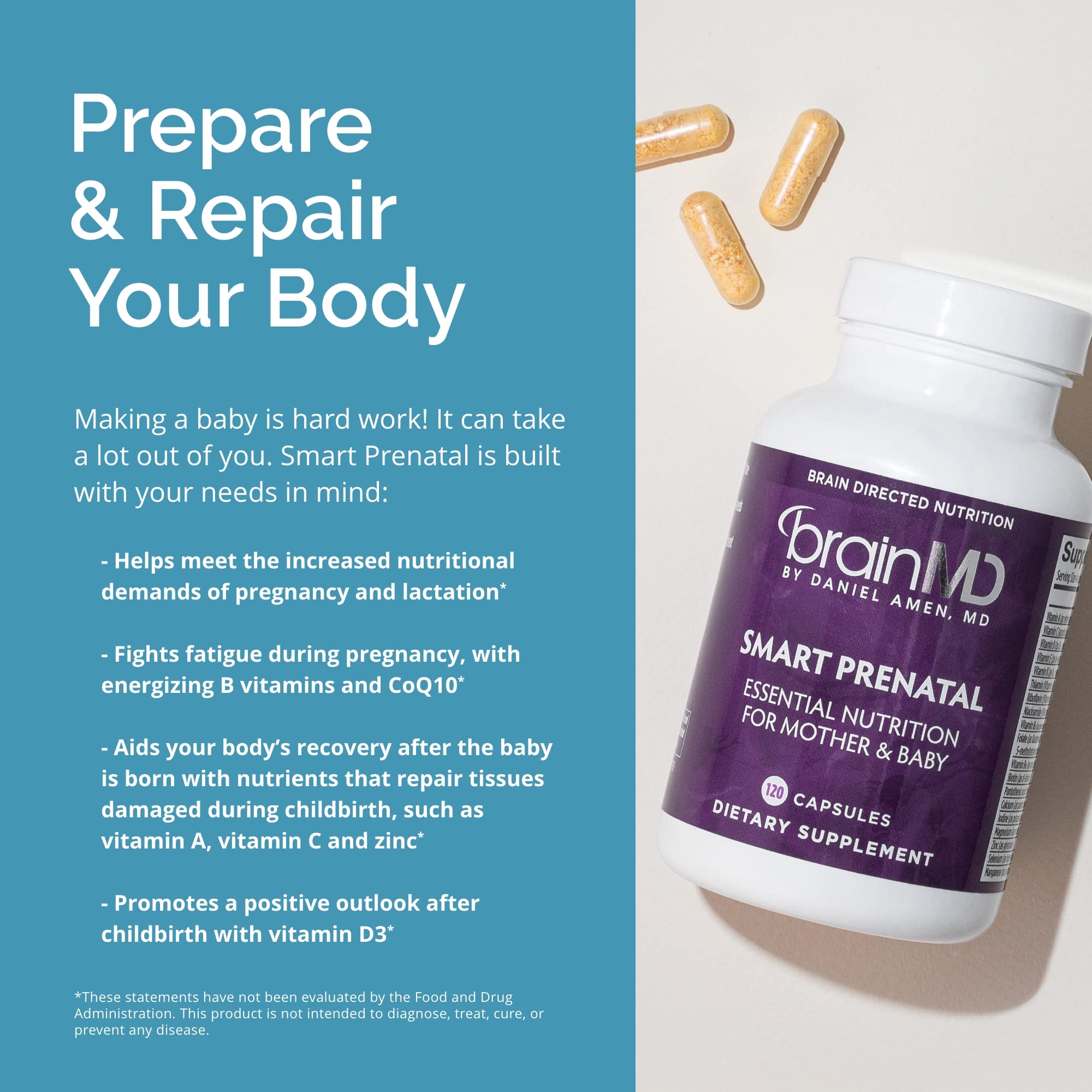BrainMD Dr Amen Smart Prenatal capsule close-up for easy swallowing