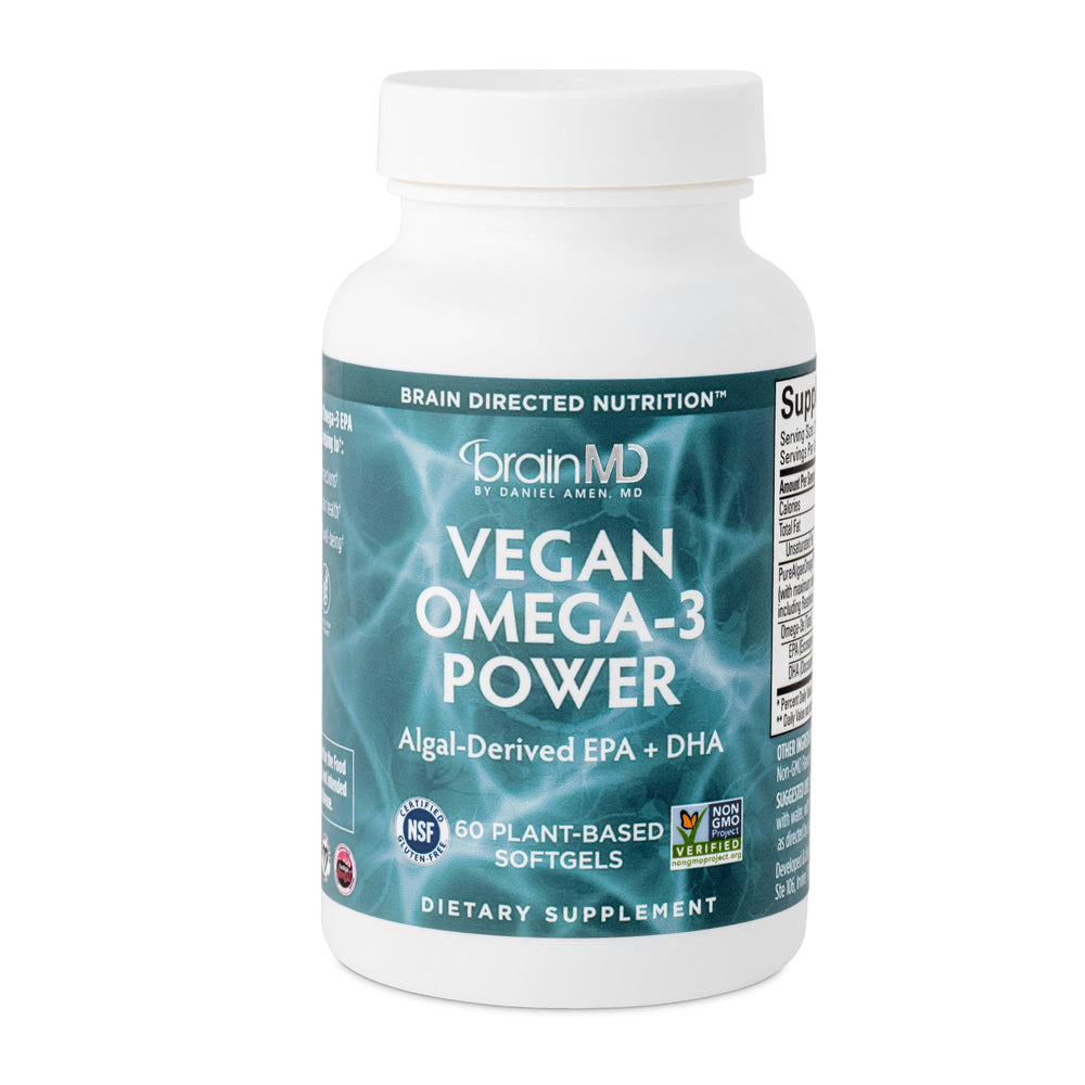 BrainMD Dr Amen Vegan Omega-3 Power bottle front view supports everyday focus