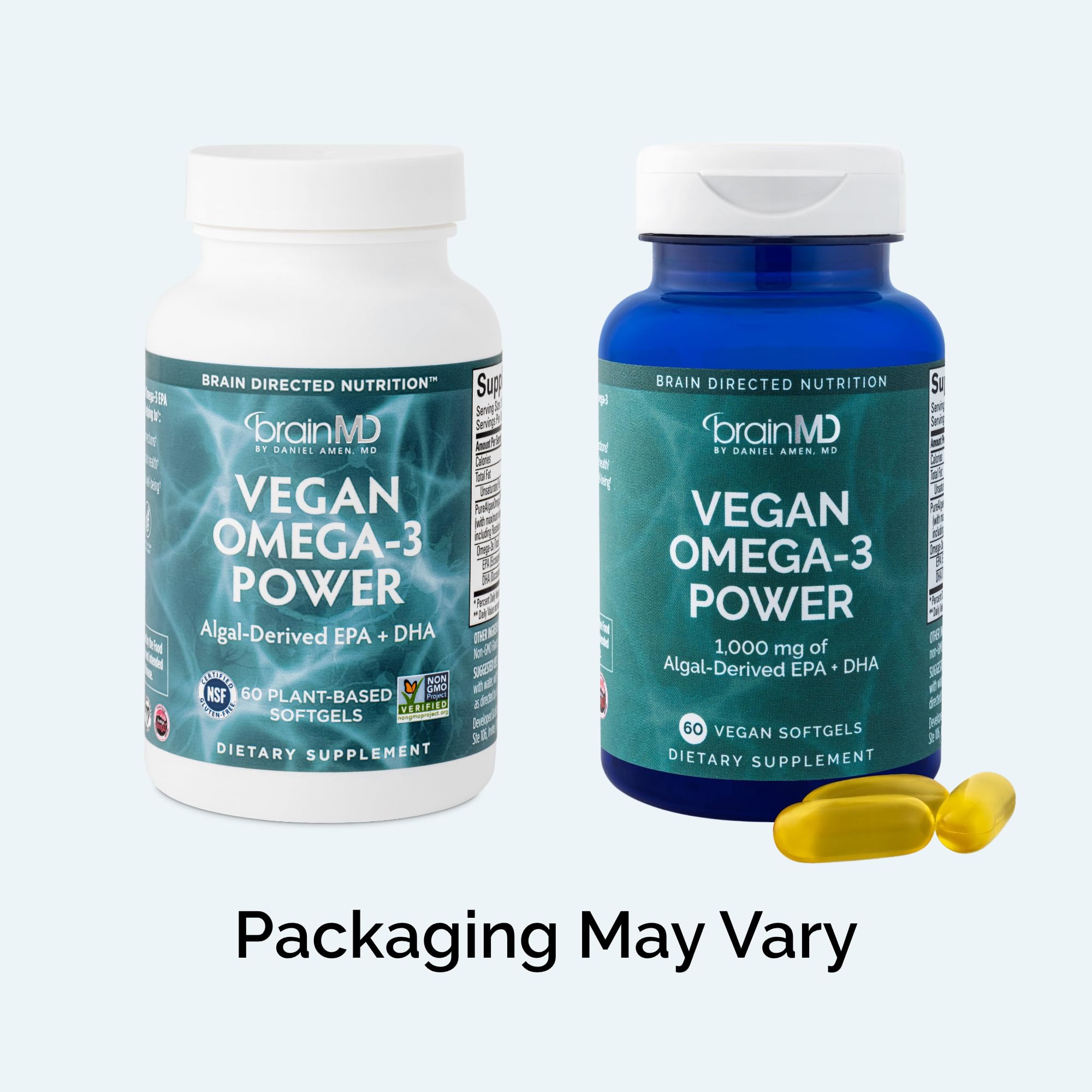 BrainMD Dr Amen Vegan Omega-3 Power capsules close-up highlights EPA/DHA content for cognitive support